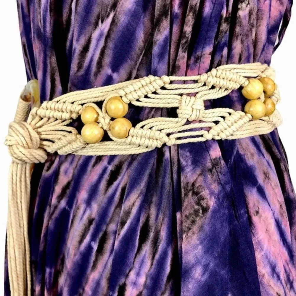 Vintage 70’s Macrame Bohemian Braided Rope Belt with Wood Beads